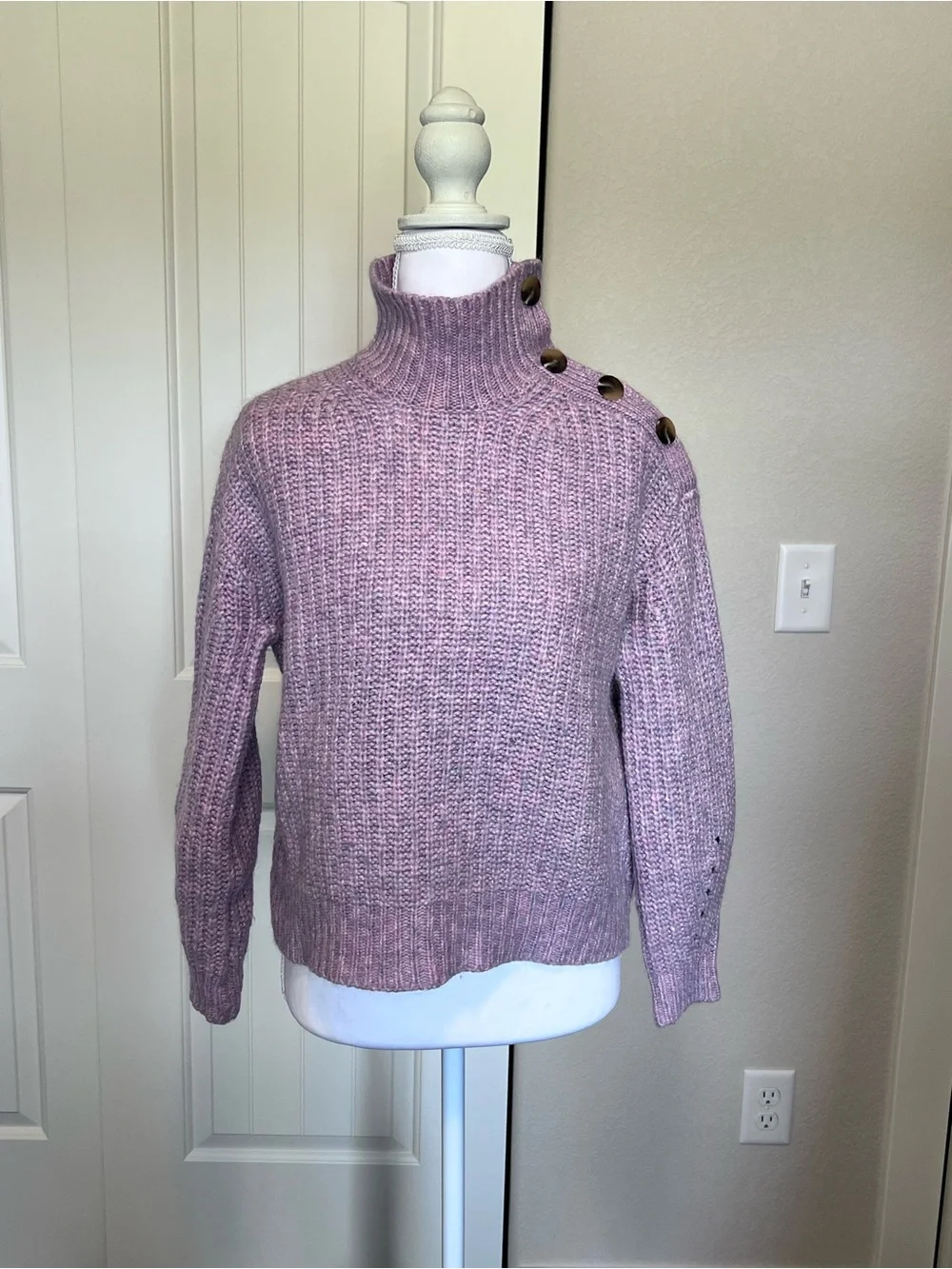 Alpaca Merino Wool Blend J. Crew Button-Shoulder Turtleneck Cropped Sweater
